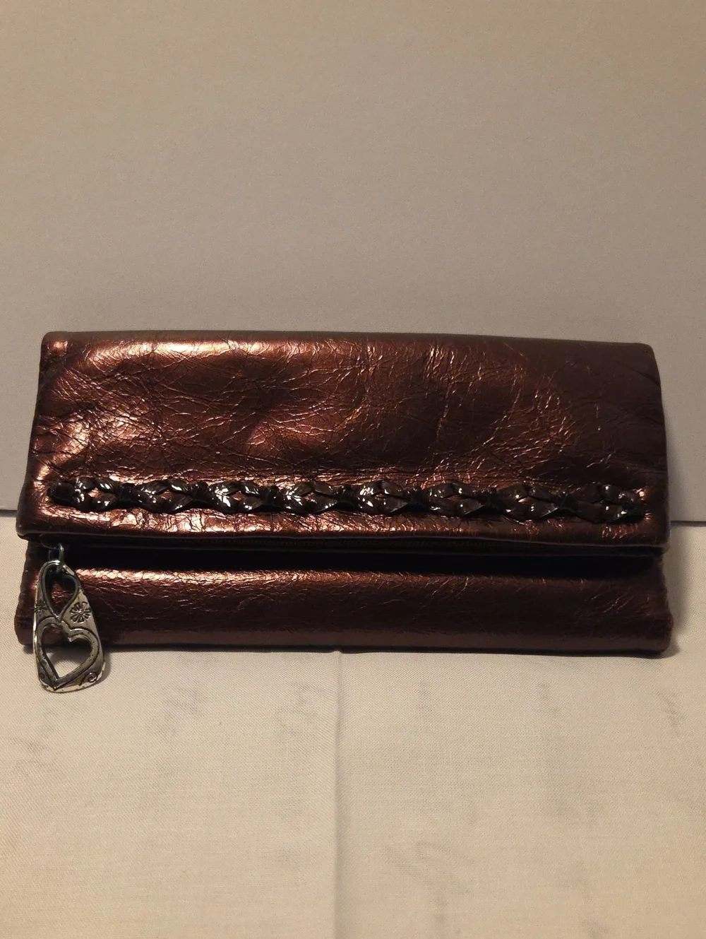 Unique Brighton Burgundy Foldover Metallic Wallet with Heart Charm